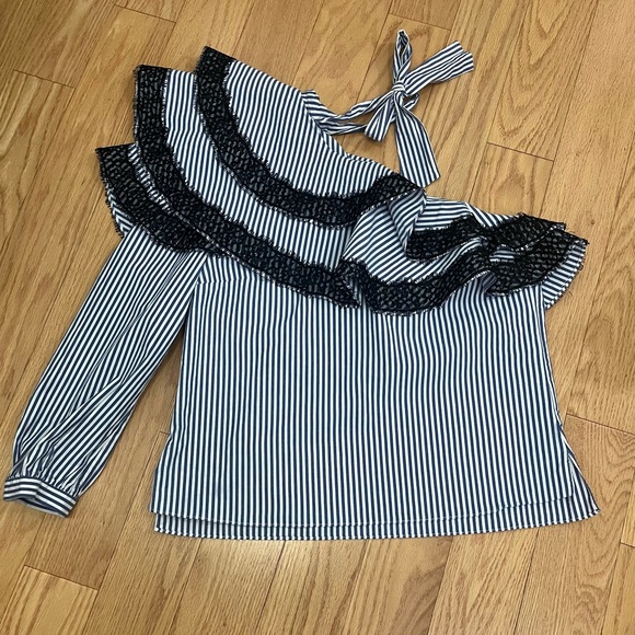 Veronica Beard Isla Striped One Shoulder Blouse - Picture 3 of 11